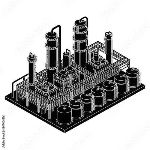 Detailed Isometric Illustration of an Industrial Oil Refinery Plant with Storage Tanks and Processing Units.