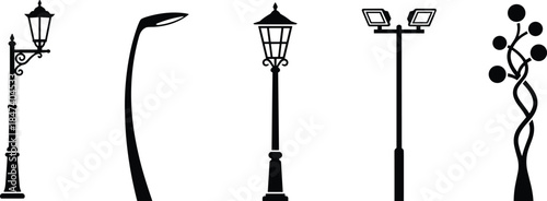 Modern and vintage street lamp silhouettes set including classic lanterns, curved streetlights, solar floodlights flat vector icons isolated
