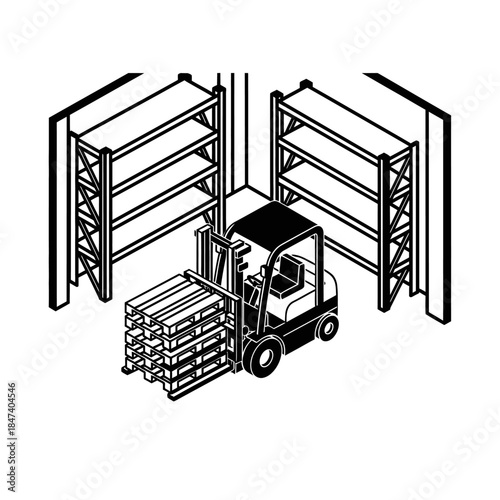 Forklift moving pallets in a warehouse with shelving units.