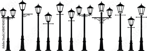 Vintage street lamp silhouettes collection featuring classic lantern posts and decorative urban lighting flat vector illustration isolated on white background