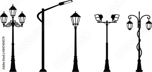 Street lamp silhouettes set featuring vintage lanterns, modern streetlights and floodlight poles flat vector illustration isolated on white background