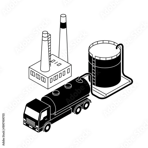 Industrial oil refinery with tanker truck and storage tanks.