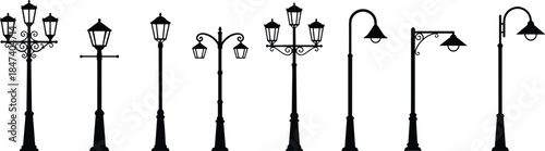 Vintage and classic street lamp silhouettes set featuring decorative lantern posts and urban outdoor lighting flat vector illustration