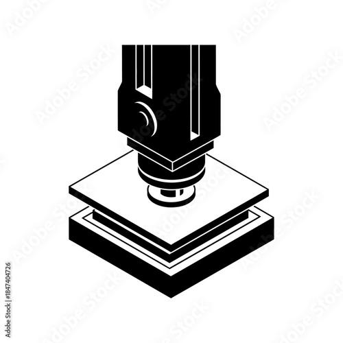 Industrial press machine stamping a square object, black and white illustration.