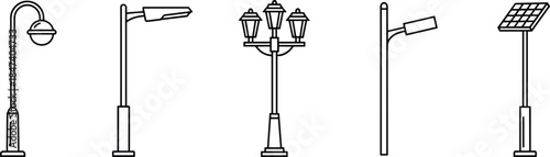 Street lamp outline icons set featuring modern streetlights, classic lantern posts and solar lamp flat vector illustration isolated on white