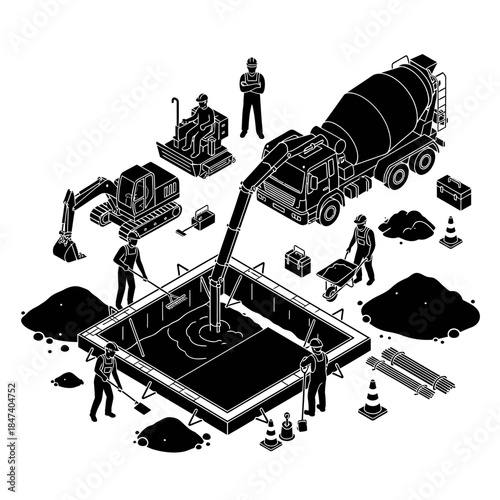 Isometric Construction Site with Workers and Heavy Machinery.