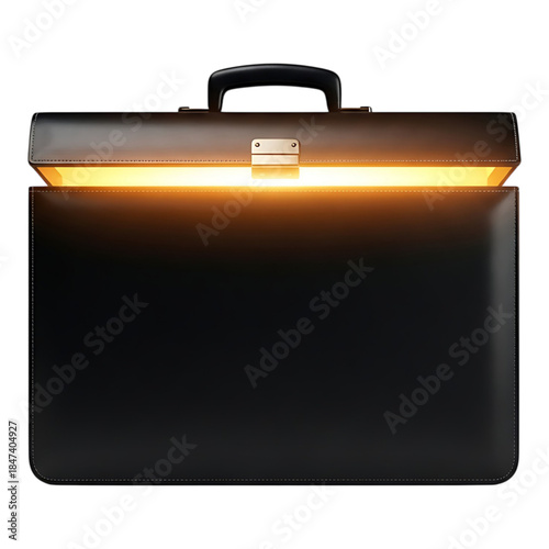 Black briefcase with warm light inside isolated on white background representing business potential