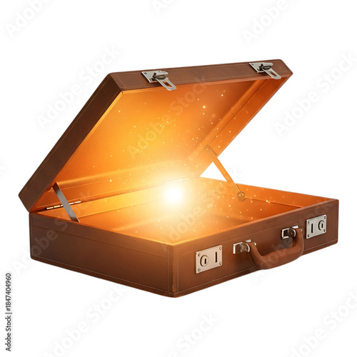 Open briefcase with glowing light inside isolated on white background symbolizing opportunity and success