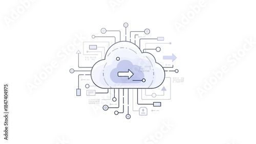 Illustration of a central cloud network symbol connected to various circuitlike elements