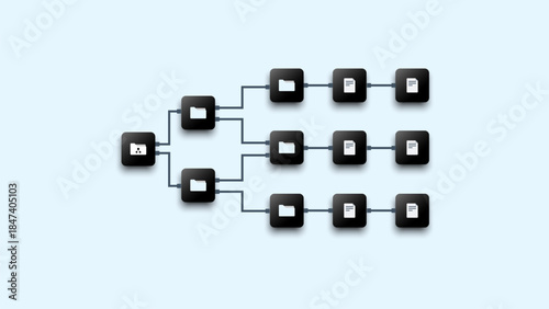 Business workflow management and automation. management file system workflow diagram showing structured folders, document organization, and data management.