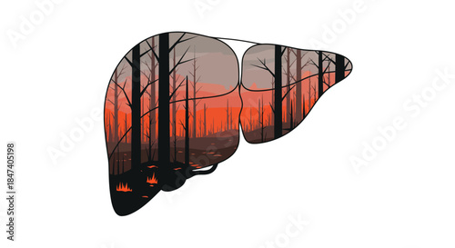 Conceptual illustration of a human liver damaged by a symbolic forest fire, representing organ disease or poor health.