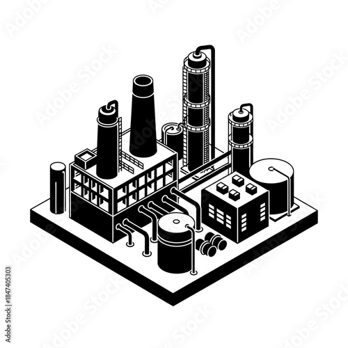 Isometric Industrial Factory Building with Smokestacks and Storage Tanks.