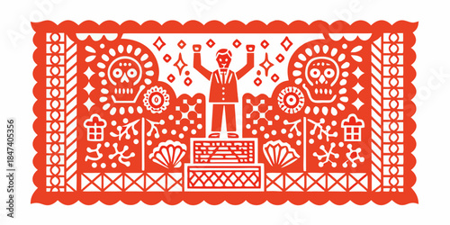 A vibrant red papel picado design showcasing a mariachi musician on stage