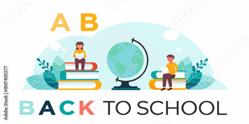 Back to school concept with students books and a globe illustration