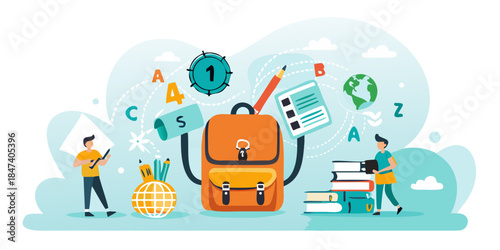 Back to school learning supplies backpack and students preparing for education