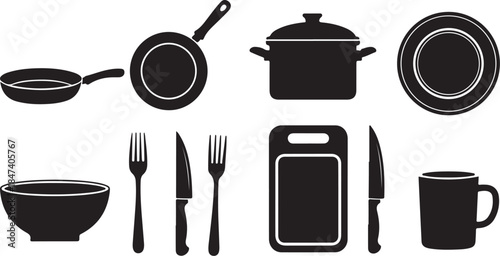 Kitchen cooking and dining utensil silhouette icons set