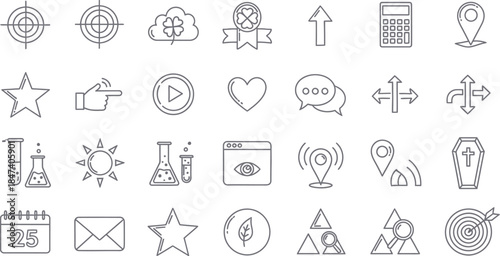 Set of thirty outline icons for navigation science and design