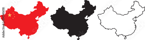 Map of China with Flag Fill & Blank Outline  Vector China Map on White Background