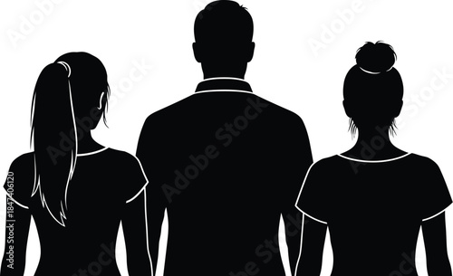 Silhouette of three people standing together viewed from behind