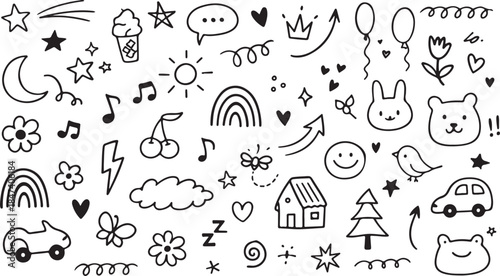 Kid cute baby doodle summer element set. Colorful kid sketch cute heart, kindergarten rainbow and childish toy cartoon elements blank background vectror art and illustration 