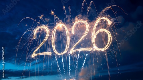 Sparkling fireworks form the year 2026 in a deep blue twilight sky celebrating New Year