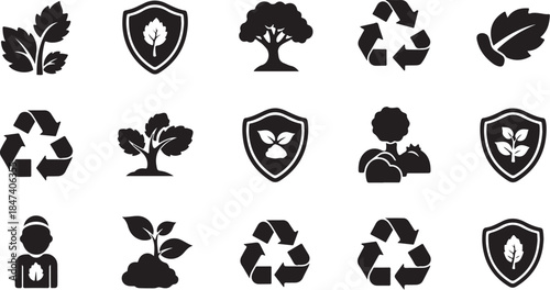 Fifteen black and white ecology icons set