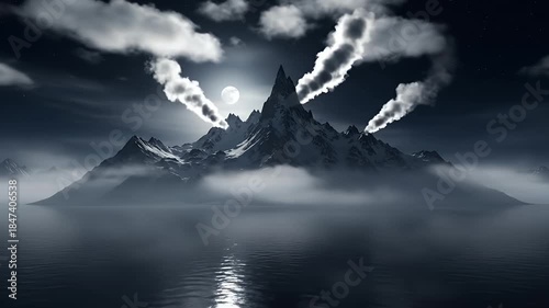 A breathtaking nocturnal landscape unveils a majestic, snow-capped mountain range rising dramatically from a tranquil body of water, bathed in the ethereal glow of a full moon. Wisps of mist shroud th