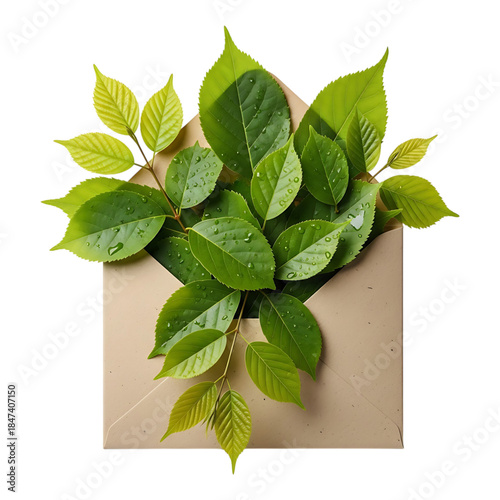 Lush green leaves arranged on brown envelope isolated on white background representing natural growth and eco style
