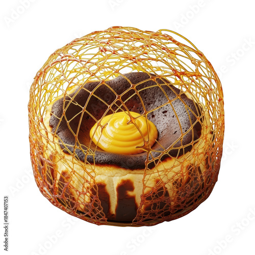 Basque burnt cheesecake with creamy center and decorative spun sugar cage, isolated on transparent background