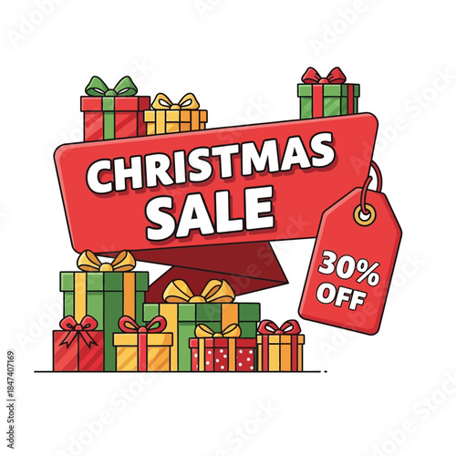 Vibrant Christmas sale illustration with wrapped gifts and discount tag