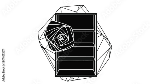 Geometric shape with rose, technology and nature concept, modern minimalist illustration, black and white, abstract design element