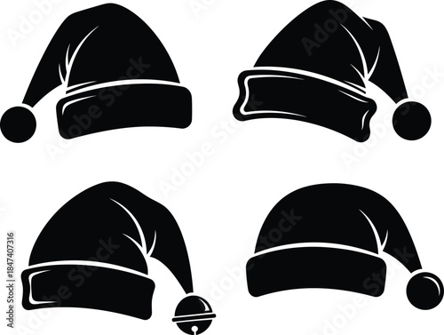 Christmas Santa hat silhouette set featuring different styles of festive holiday caps with various brim textures and jingle bell accents for winter graphic designs.