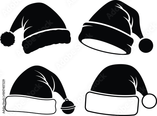 Traditional Christmas Santa Claus hat silhouette bundle featuring various floppy cap styles with fluffy white trim and jingle bell accents for holiday invitations.