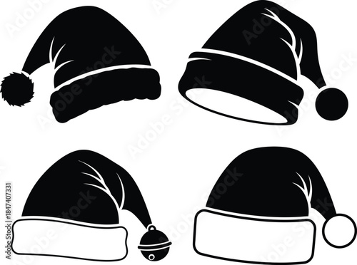 Set of christmas santa claus hat silhouettes with various styles including traditional floppy caps and holiday elf hats with jingle bells for festive winter designs.