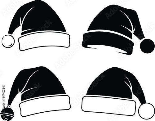 Christmas Santa Claus hat silhouette set with different styles including elf hat with jingle bell and traditional winter headgear for holiday greeting cards and decors.