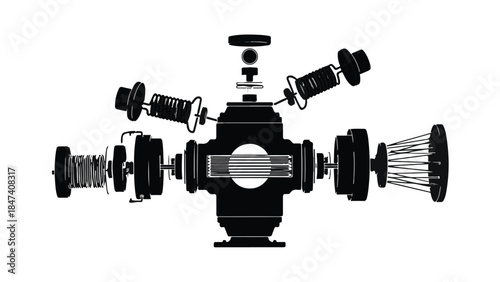 Industrial mechanical device components illustration with gears, cogs, and machinery parts in black and white for engineering and technology concepts