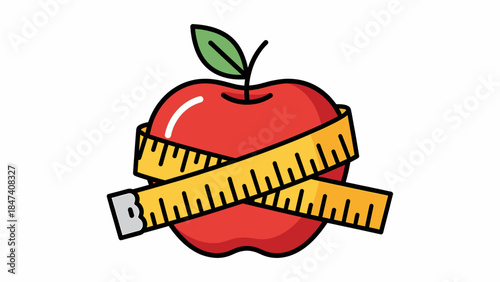 Measuring the size of a red apple with a tape measure wrapped around it, illustrating a concept of health and diet