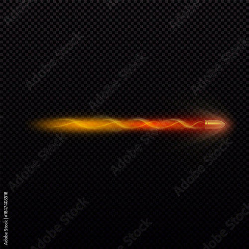 Realistic golden bullet with a fiery, spiraling trail, dust, and a glow effect.