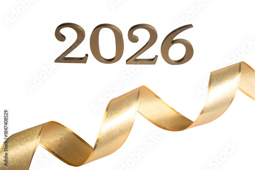 Metallic gold ribbon forming a smooth curved S-shape across lower portion of frame, refined “2026” positioned above curve in luxurious serif type, soft studio light creating warm highlights on ribbon
