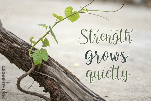 Young vine grows around weathered wood with inspiring quote 'Strength Grow Quietly
