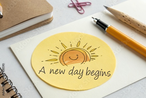 Yellow paper circle with sun drawing and quote A new day begins
