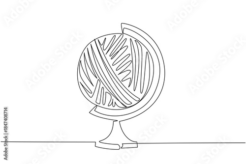 Creative continuous line drawing showing a globe designed as a yarn ball on a stand, symbolizing knitting across cultures for Worldwide Knit in Public Day, craft and community.