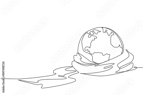 A continuous line drawing of the Earth wrapped in knitted fabric, symbolizing unity and sustainability. Created for Worldwide Knit in Public Day with a global craft and creativity concept.