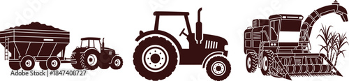 Agricultural Machinery Silhouettes Including Tractor Trailer and Combine Harvester