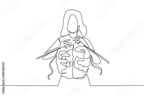 Unique continuous line drawing of a woman working with oversized yarn in a knitting project, representing passion, skill, and creativity for Worldwide Knit in Public Day celebration.