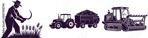 Agricultural Scenes with Farmer Harvesting Tractor with Trailer and Snow Plow agriculture farming