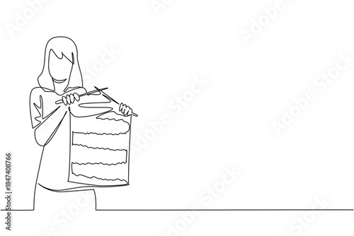 Simple continuous line drawing of a woman proudly holding a knitted fabric piece with needles, celebrating Worldwide Knit in Public Day, symbolizing creativity, craft, and shared passion.