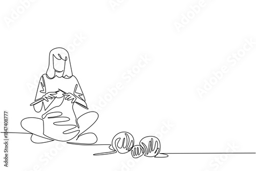 Minimal continuous line drawing of a woman knitting while sitting with yarn balls around her, celebrating Worldwide Knit in Public Day, highlighting creativity, craft, and community.