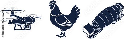 Drone, chicken, and cement mixer truck icons on a white background rooster