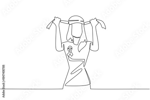 Single line drawing of woman with headband and cancer ribbon shirt, created as a health concept illustration for National Cancer Thriver Day, representing awareness, resilience, and survivor hope.
